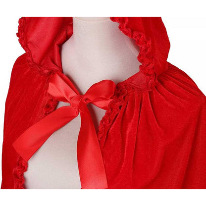 S&DCo. red hooded costume cape for women featuring a satin bow and ruffled trim
