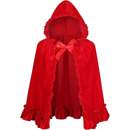 Elegant red hooded costume cape for women with ruffled edges and satin bow detailing