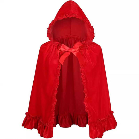 Elegant red hooded costume cape for women with ruffled edges and satin bow detailing