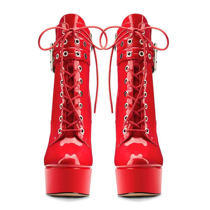 Women Red Round Toe Lace Up Ankle Boots Platform Pumps Party Boots