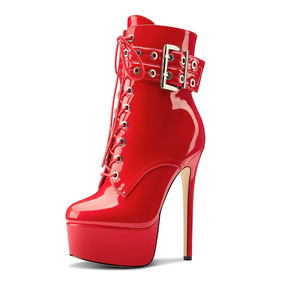 Women Red Round Toe Lace Up Ankle Boots Platform Pumps Party Boots – SD ...