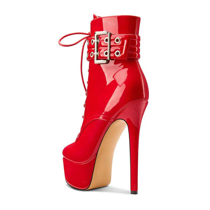 Women Red Round Toe Lace Up Ankle Boots Platform Pumps Party Boots