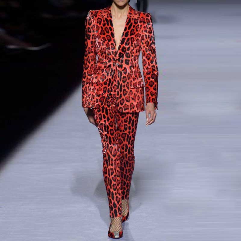 One-Button Blazer Suit Red Velvet Leopard Pantsuit