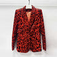 One-Button Blazer Suit Red Velvet Leopard Pantsuit