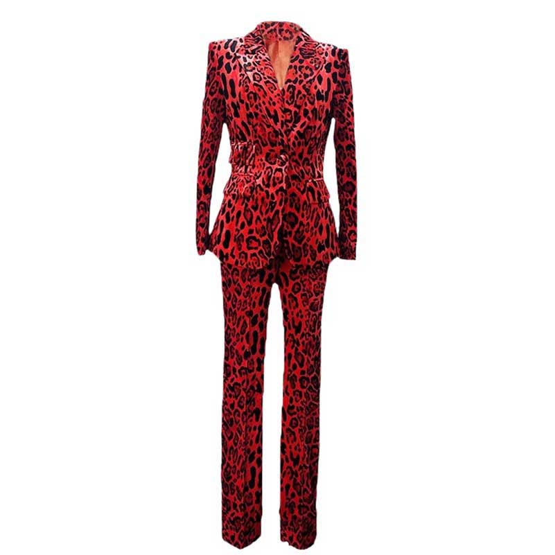 One-Button Blazer Suit Red Velvet Leopard Pantsuit