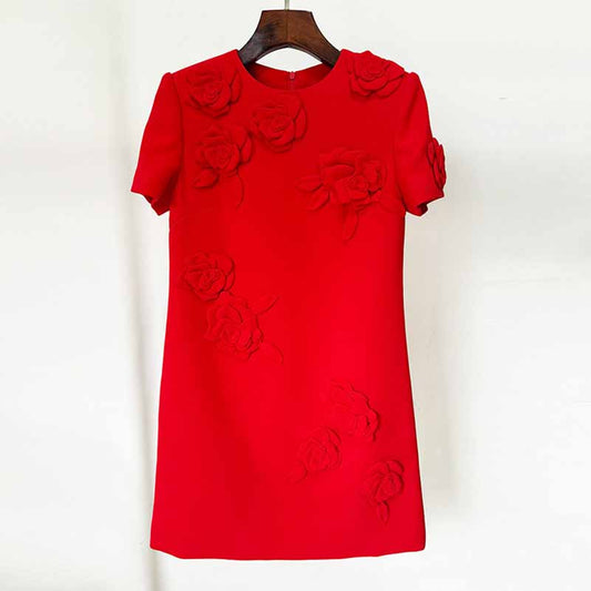 3D Flower Embellished Mini Dress in Red