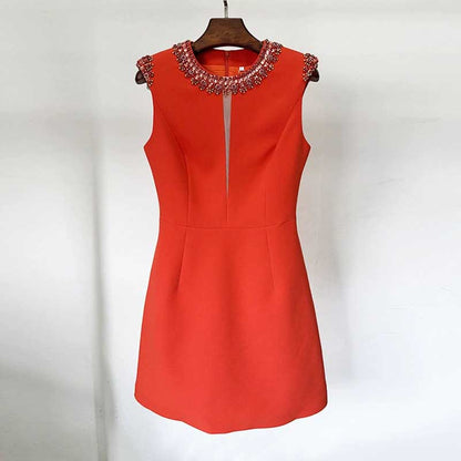 Red Mini Dress Sleeveless Beaded Neck Collar Short Party Dress For Women