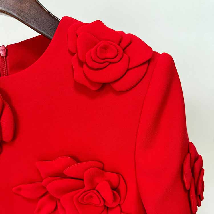 3D Flower Embellished Mini Dress in Red