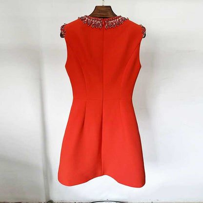 Red Mini Dress Sleeveless Beaded Neck Collar Short Party Dress For Women