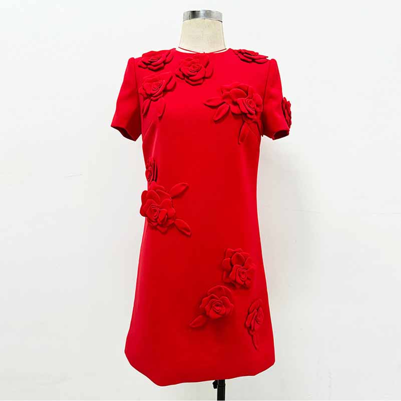 3D Flower Embellished Mini Dress in Red