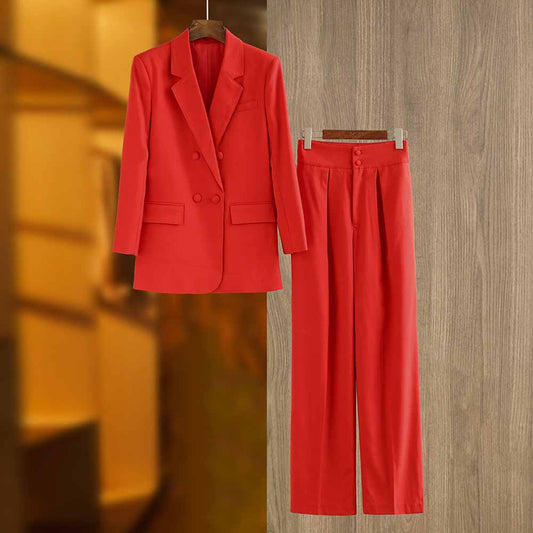 Double Breasted Red Pantsuit Blazer + Wide Leg Trousers Suit Formal Wear