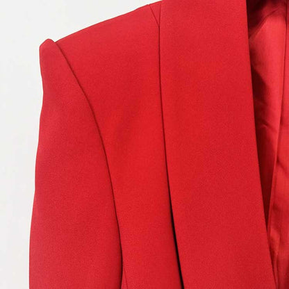 Women's Elegant Red Peplum Blazer Suit Set - Shawl Collar, Floral Brooch Detail Pantsuit