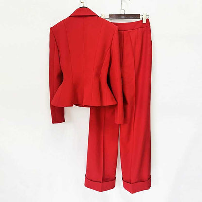 Women's Elegant Red Peplum Blazer Suit Set - Shawl Collar, Floral Brooch Detail Pantsuit
