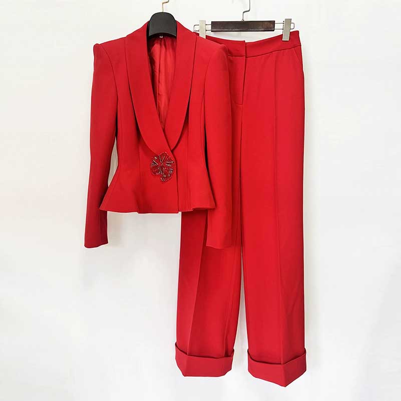 Women's Elegant Red Peplum Blazer Suit Set - Shawl Collar, Floral Brooch Detail Pantsuit