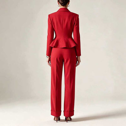 Women's Elegant Red Peplum Blazer Suit Set - Shawl Collar, Floral Brooch Detail Pantsuit