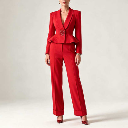 Women's Elegant Red Peplum Blazer Suit Set - Shawl Collar, Floral Brooch Detail Pantsuit