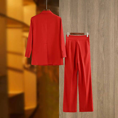 Double Breasted Red Pantsuit Blazer + Wide Leg Trousers Suit Formal Wear