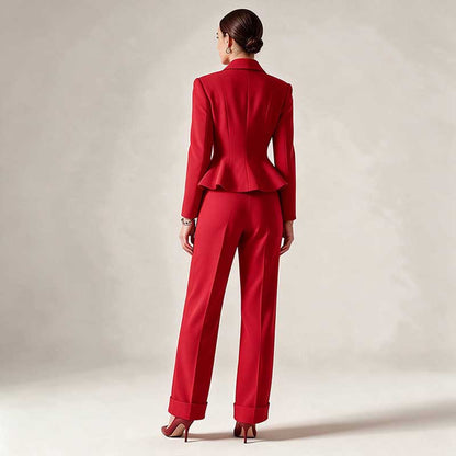 Women's Elegant Red Peplum Blazer Suit Set - Shawl Collar, Floral Brooch Detail Pantsuit