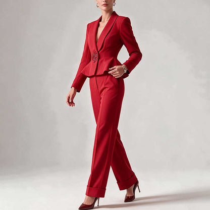 Women's Elegant Red Peplum Blazer Suit Set - Shawl Collar, Floral Brooch Detail Pantsuit