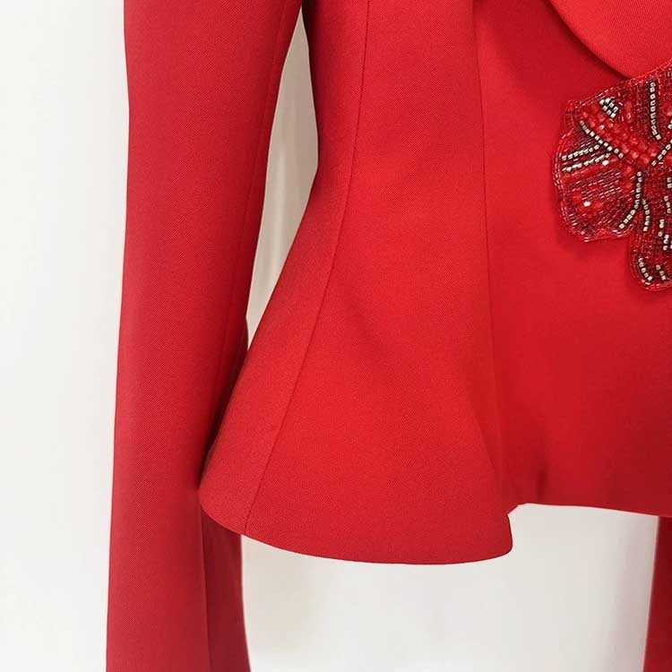 Women's Elegant Red Peplum Blazer Suit Set - Shawl Collar, Floral Brooch Detail Pantsuit