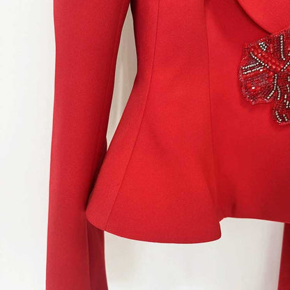 Women's Elegant Red Peplum Blazer Suit Set - Shawl Collar, Floral Brooch Detail Pantsuit