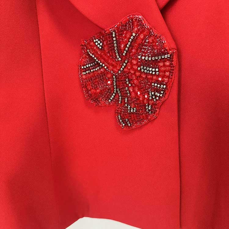 Women's Elegant Red Peplum Blazer Suit Set - Shawl Collar, Floral Brooch Detail Pantsuit