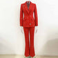 Women One Button Red Pantsuit Fitted Blazer + Flare Long Trousers Suit Pants Suit