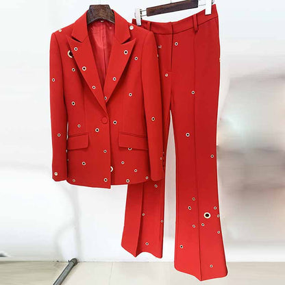 Women One Button Pantsuit Fitted Blazer + Flare Long Trousers Suit Pants Suit