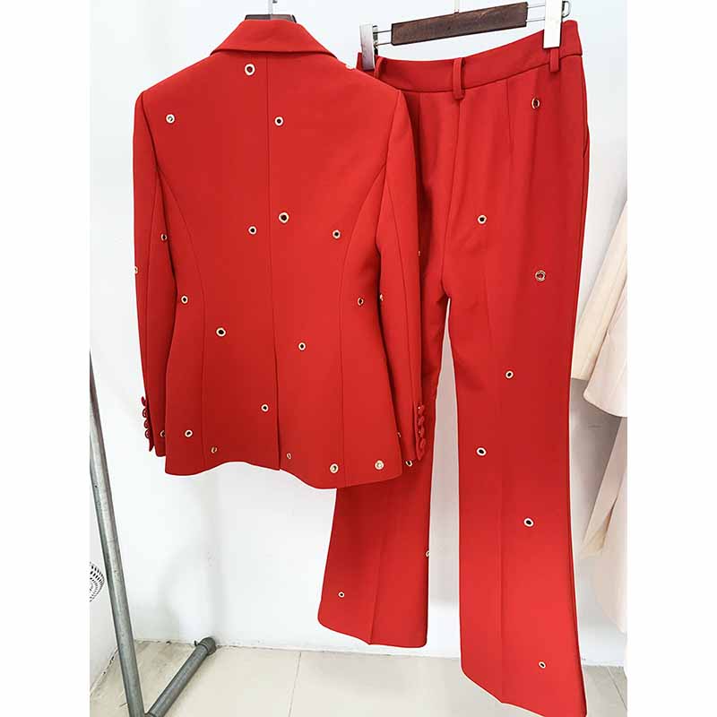 Women One Button Red Pantsuit Fitted Blazer + Flare Long Trousers Suit Pants Suit