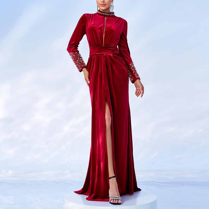 Velvet Prom Dress Wine Red Split Long Evening Dress Wedding Party Cocktail Dress