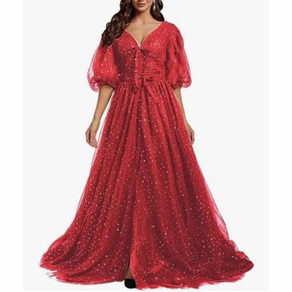 Sparkle Tulle Prom Dresses Puffy Sleeve Slit Formal Evening Party Gowns