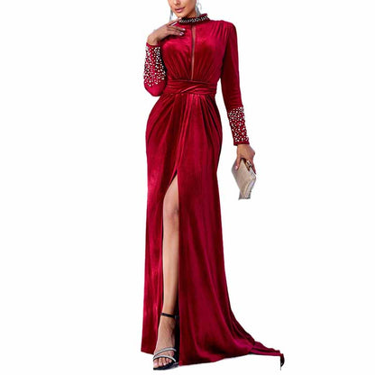 Velvet Prom Dress Wine Red Split Long Evening Dress Wedding Party Cocktail Dress