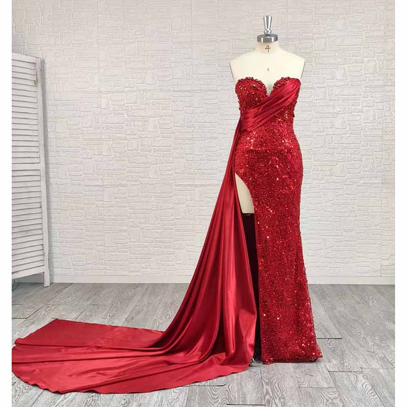Custom Red Strapless Sequin High Split Long Prom Dress | Evening Gown