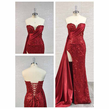 Custom Red Strapless Sequin High Split Long Prom Dress | Evening Gown