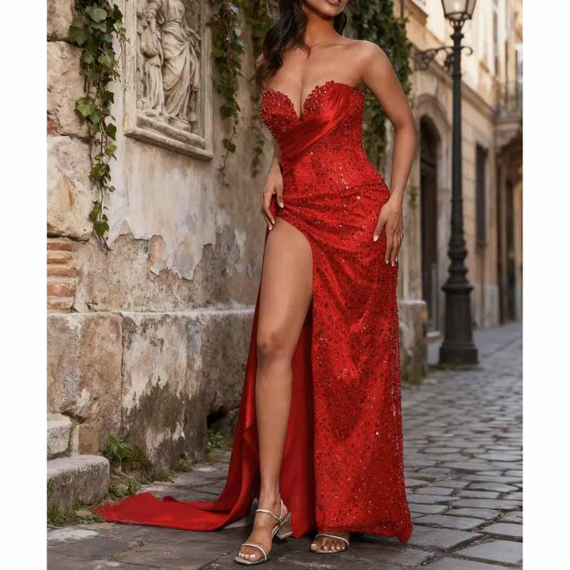 Custom Red Strapless Sequin High Split Long Prom Dress | Evening Gown