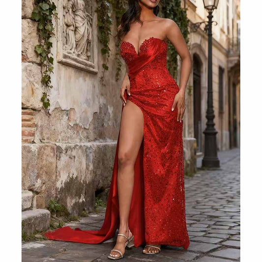 Custom Red Strapless Sequin High Split Long Prom Dress | Evening Gown