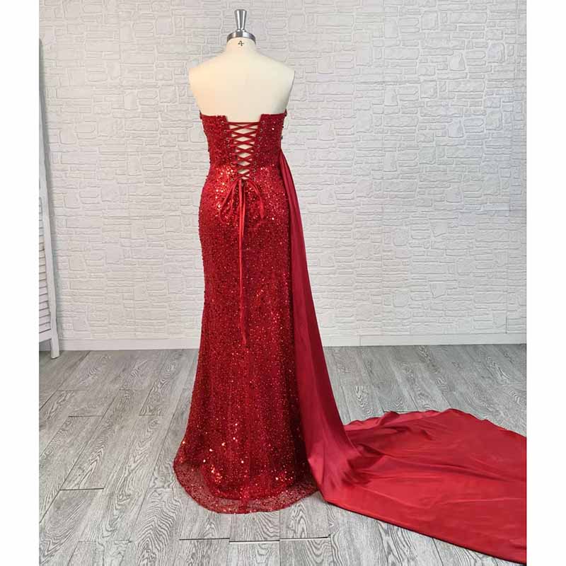 Custom Red Strapless Sequin High Split Long Prom Dress | Evening Gown