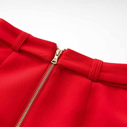 Women's Golden Lion Buttons Red Skirts Blazer Suit Jacket + High Waist Skirts Belt Suit