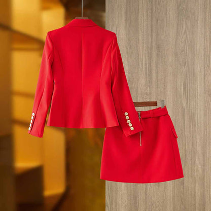 Women's Golden Lion Buttons Red Skirts Blazer Suit Jacket + High Waist Skirts Belt Suit