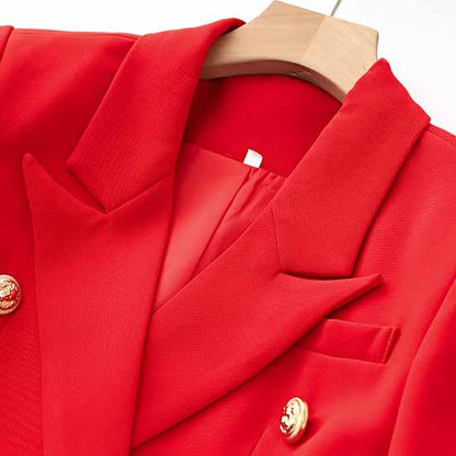 Women's Golden Lion Buttons Red Skirts Blazer Suit Jacket + High Waist Skirts Belt Suit