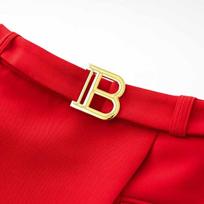 Women's Golden Lion Buttons Red Skirts Blazer Suit Jacket + High Waist Skirts Belt Suit