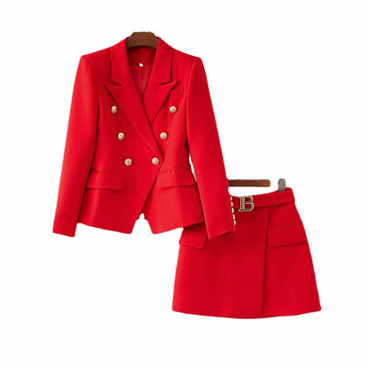 Women's Golden Lion Buttons Red Skirts Blazer Suit Jacket + High Waist Skirts Belt Suit