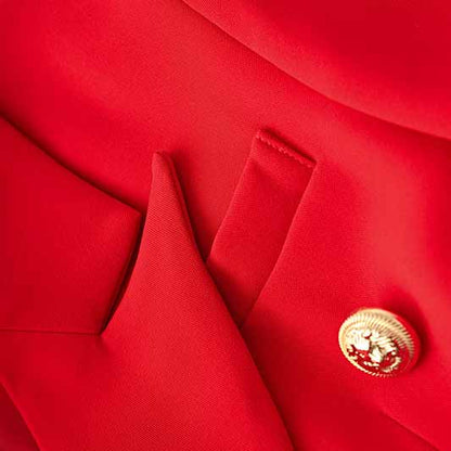 Women's Golden Lion Buttons Red Skirts Blazer Suit Jacket + High Waist Skirts Belt Suit