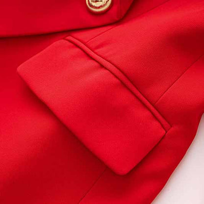 Women's Golden Lion Buttons Red Skirts Blazer Suit Jacket + High Waist Skirts Belt Suit