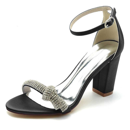 Elegant black S&DCo. rhinestone ankle strap sandals for women with stylish bow detail