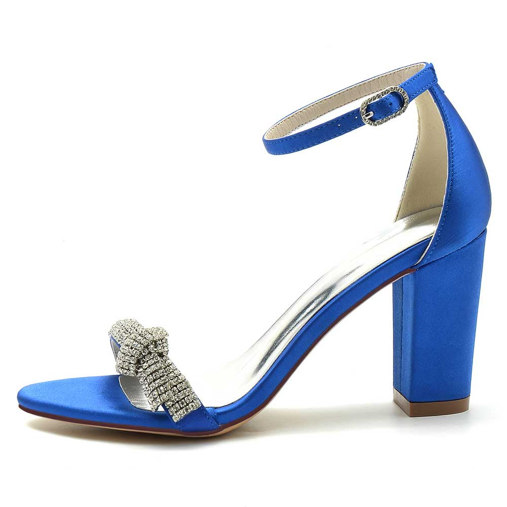 S&DCo. Blue Rhinestone Ankle Strap Sandals for Women with Chunky Heel and Elegant Design