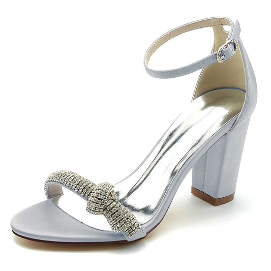 Elegant rhinestone ankle strap sandals for women with a stylish bow and block heel