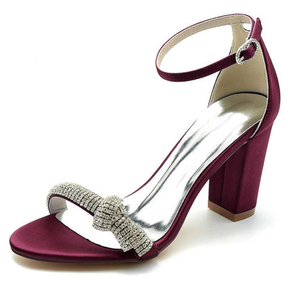 S&DCo. Burgundy Rhinestone Ankle Strap Sandals for Women with Elegant Bow Detail and Chunky Heel