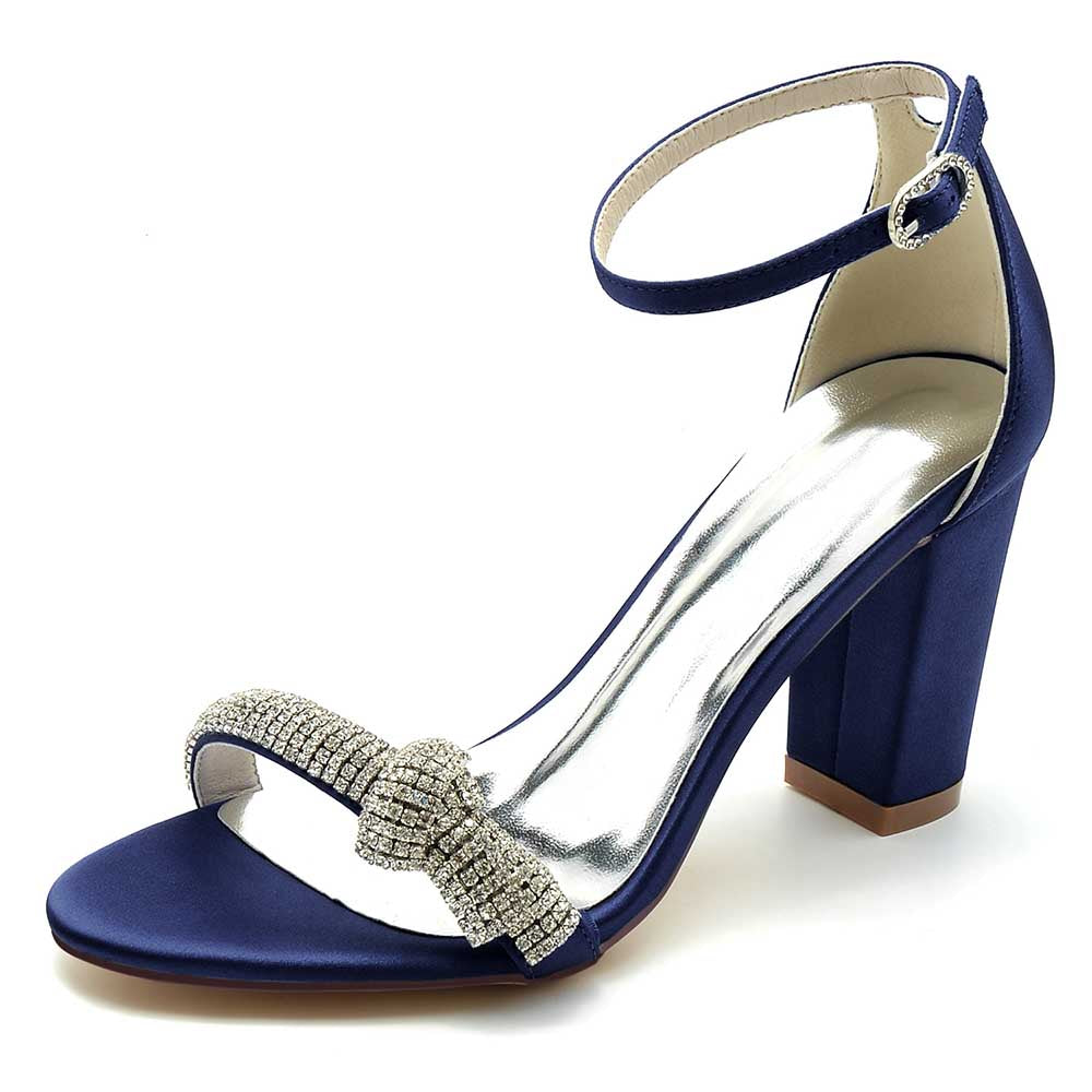 Navy S&DCo. rhinestone ankle strap sandals for women with elegant bow detail and block heel