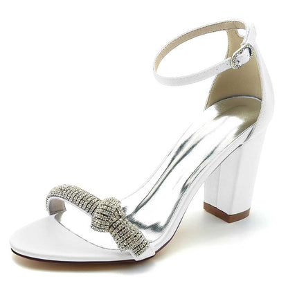 S&DCo. White Rhinestone Ankle Strap Sandals for Women with Elegant Block Heels